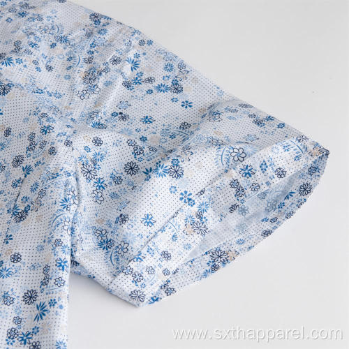 Men's Short Sleeve Blue Flowers Print Casual Shirts